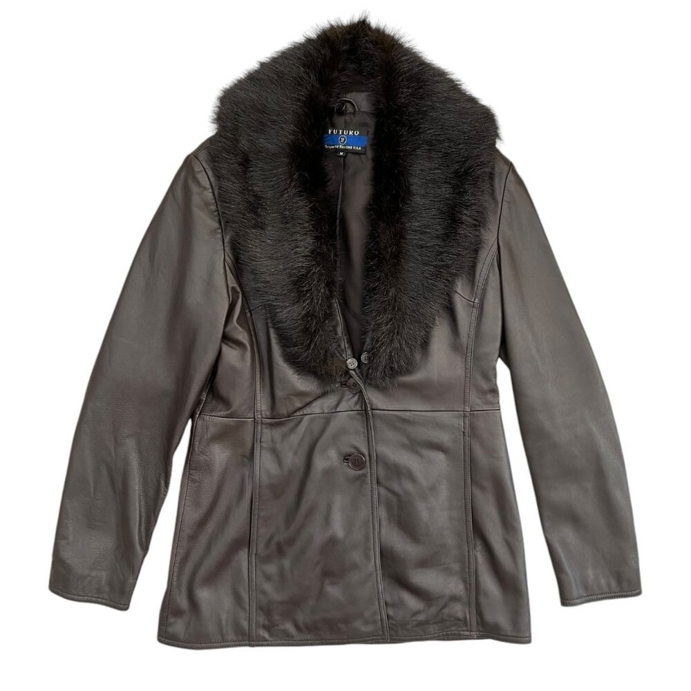 Vintage Boho‎ Penny Lane Leather Faux Fur Collar Jacket Brown M 90s Y2K